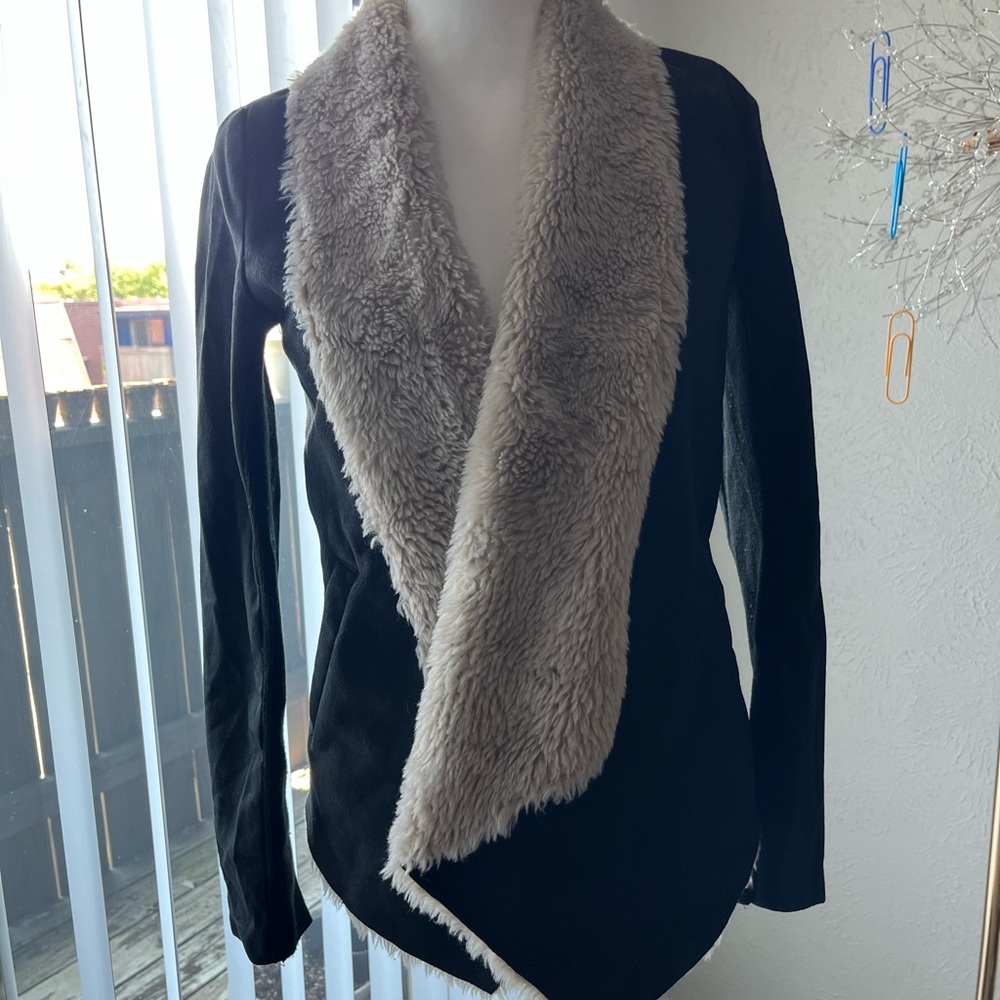 The Kooples Black Jacket with Cream Faux Fur Collar